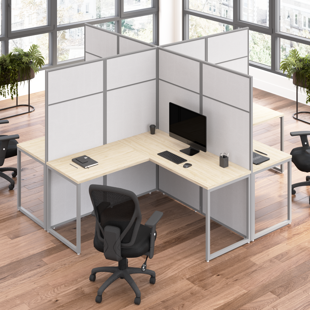 Shop Bush Business Furniture Easy Office 60-inch 4 Person L Shaped Cubicle Desk with Tall Panels, Image 02, EODH760NE-03K, #color_natural elm/silver gray fabric