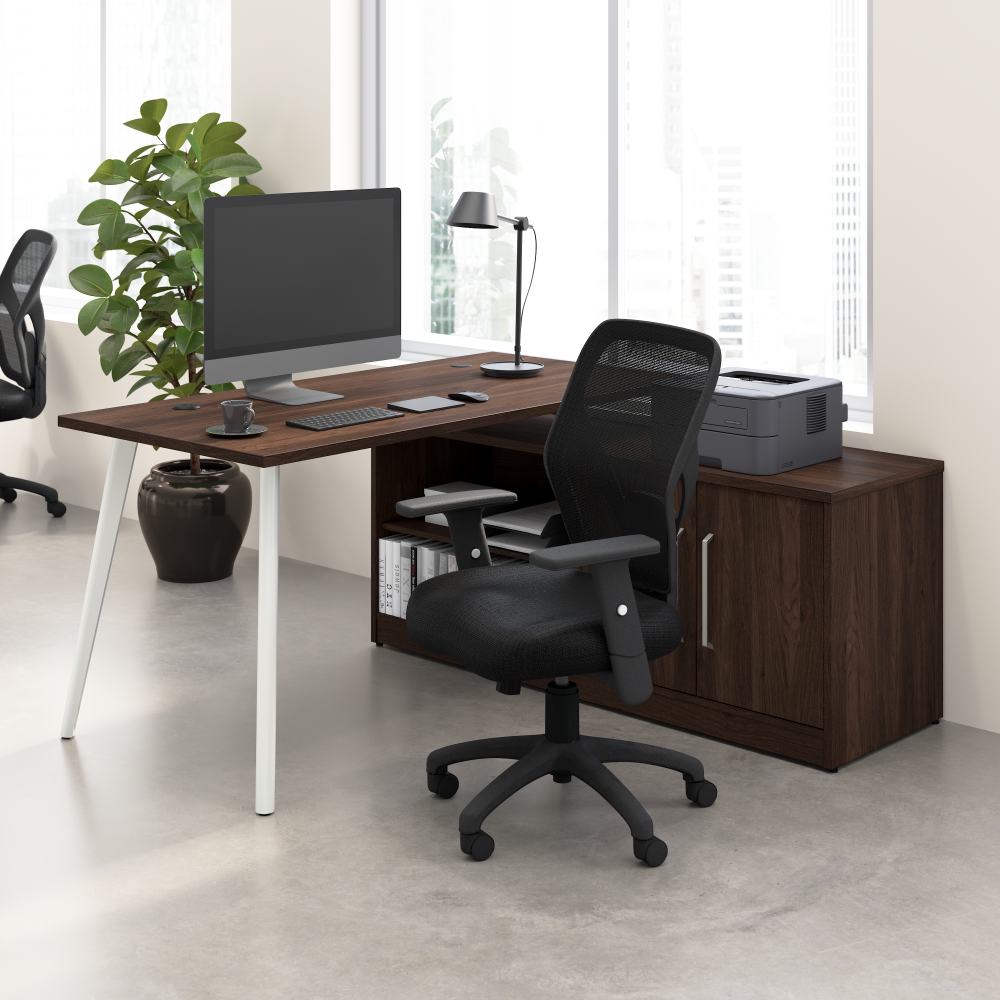 Shop Bush Business Furniture Vista 60W L Shaped Desk with Splayed Metal Legs and Low Storage Cabinet, Image 02, VST006BW, #color_black walnut