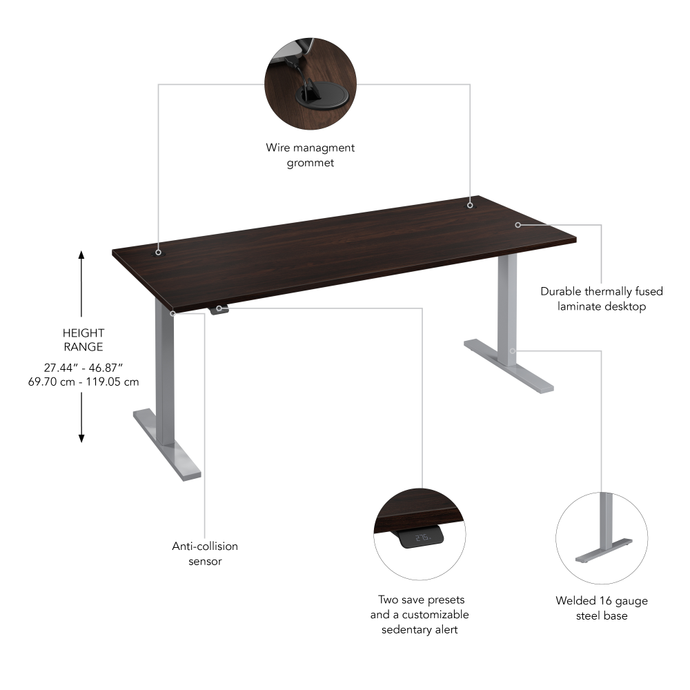 Shop Bush Business Furniture Move 60 Series 72W x 30D Electric Height Adjustable Standing Desk, Image 06, M6S7230BWSK, #color_black walnut/cool gray metallic
