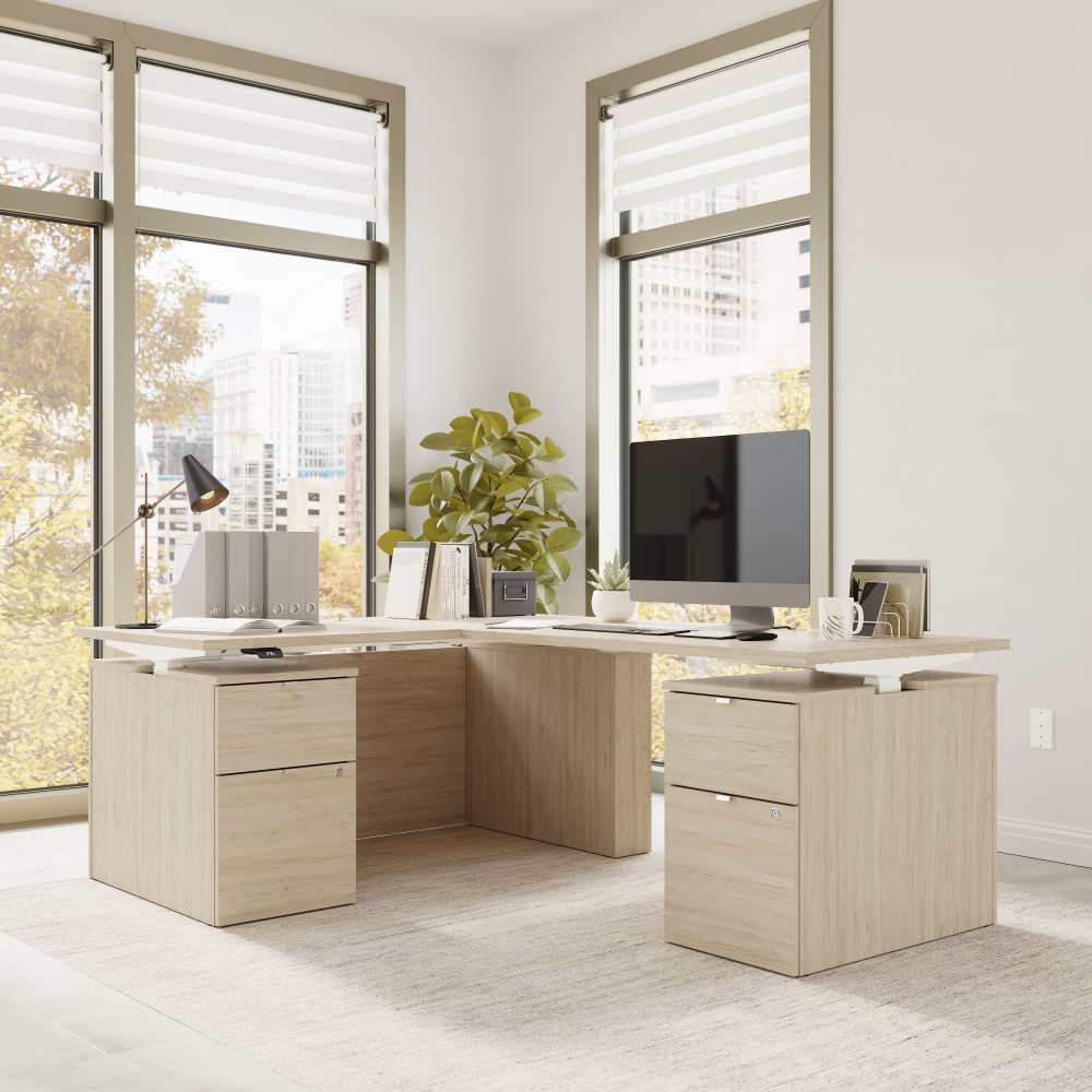 Shop Bush Business Furniture Stratus 60W x 78D Height Adjustable L Shaped Standing Desk with Drawers, Image 03, SUT017NE, #color_natural elm