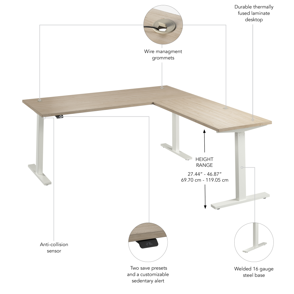 Shop Bush Business Furniture Move 60 Series 72W Height Adjustable L Shaped Standing Desk, Image 06, M6SL7278NEWK, #color_natural elm/white powder coat