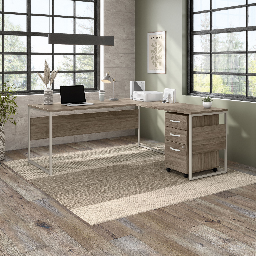 Shop Bush Business Furniture Hybrid 72W x 30D L Shaped Table Desk with Mobile File Cabinet, Image 02, HYB028MHSU, #color_modern hickory