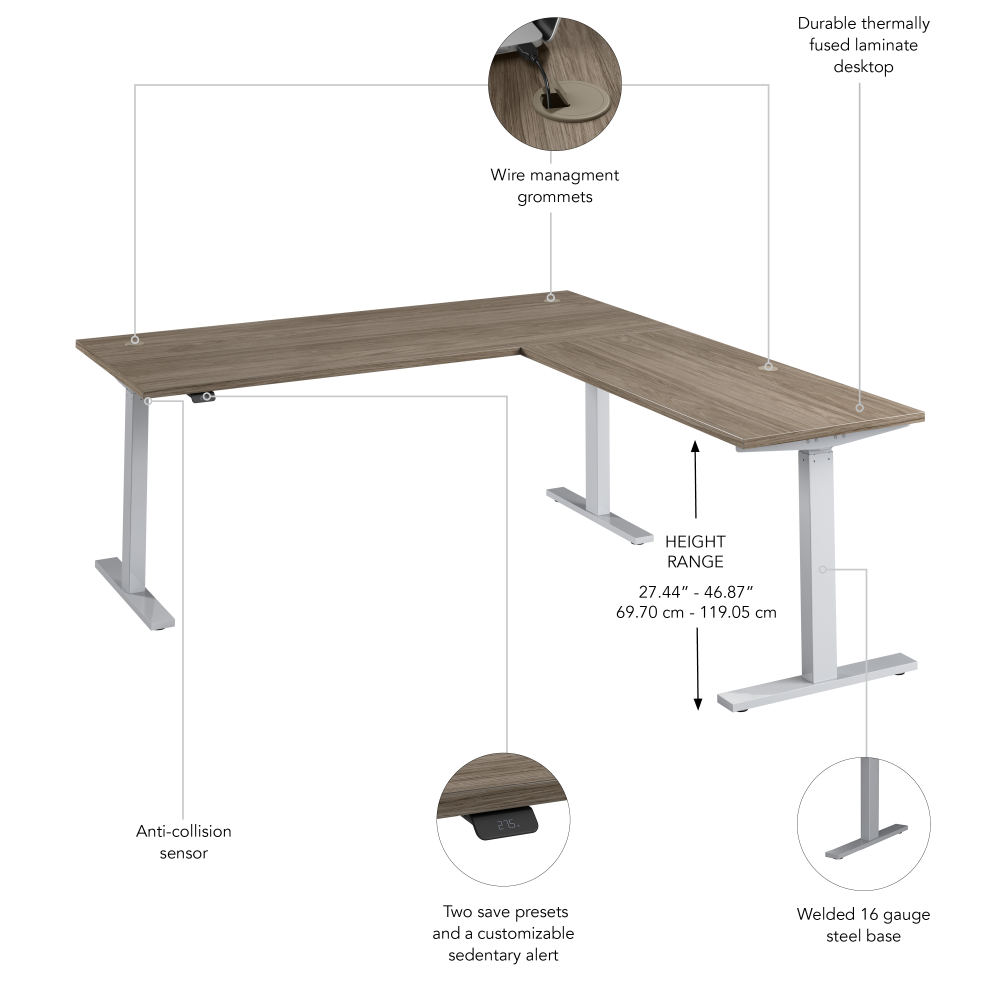 Shop Bush Business Furniture Move 60 Series 72W Height Adjustable L Shaped Standing Desk, Image 06, M6SL7278MHSK, #color_modern hickory/cool gray metallic