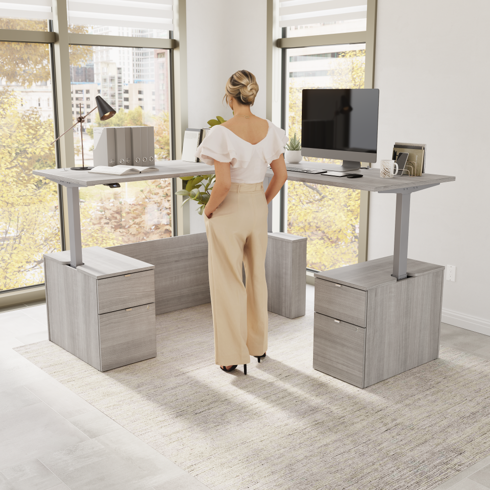 Shop Bush Business Furniture Stratus 72W x 78D Height Adjustable L Shaped Standing Desk with Drawers, Image 02, SUT018PG, #color_platinum gray