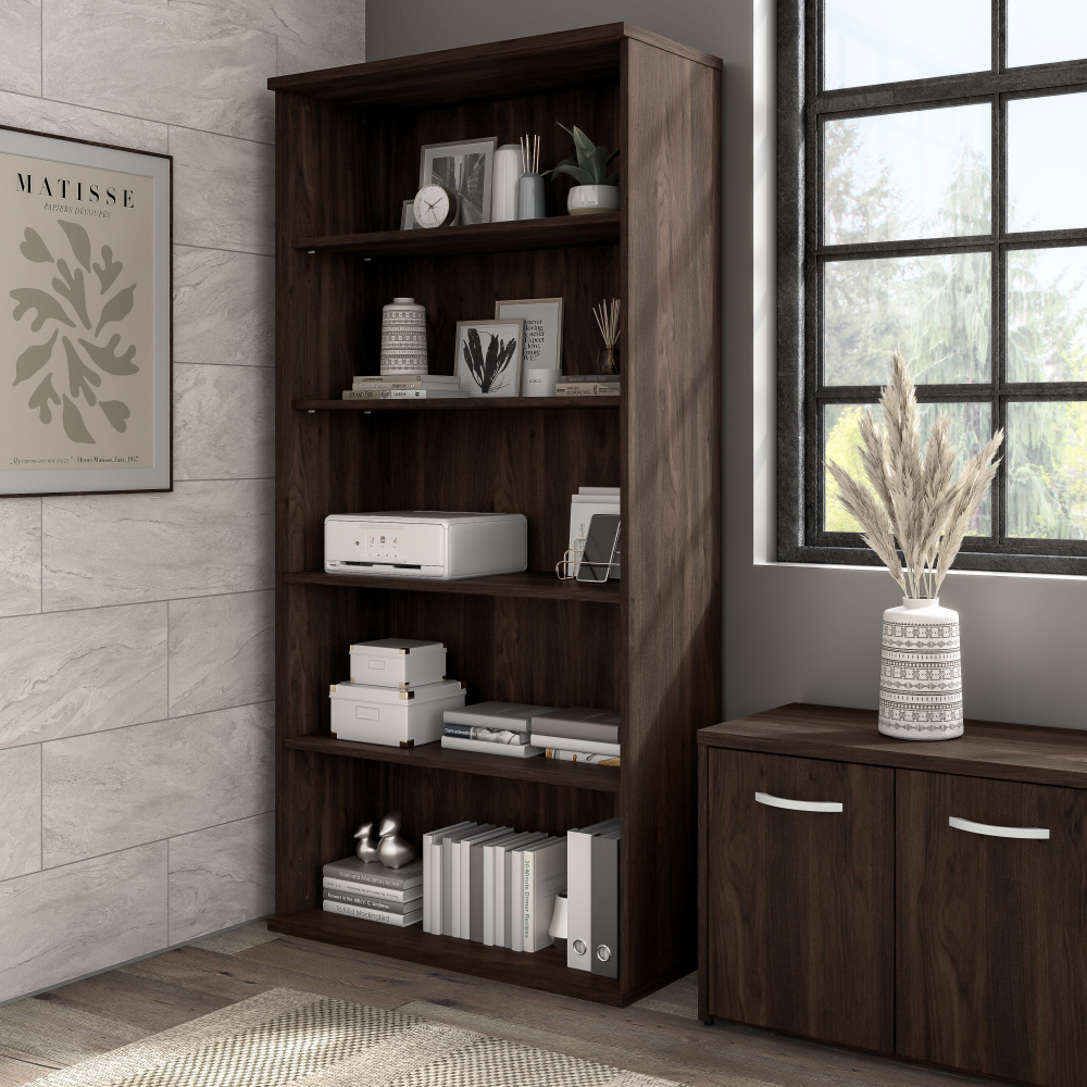 Shop Bush Business Furniture Hybrid Tall 5 Shelf Bookcase, Image 02, HYB136BW-Z, #color_black walnut