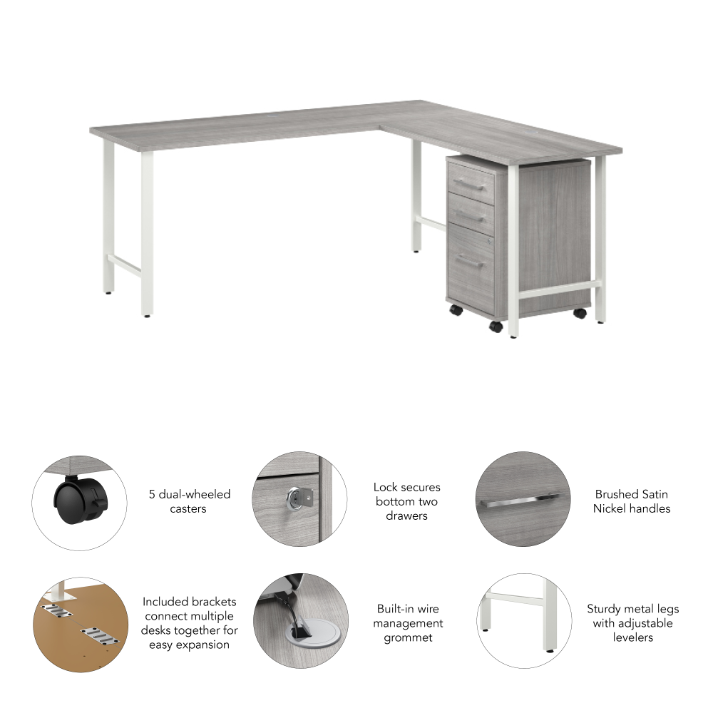 Shop Bush Business Furniture Hustle 72W x 24D L Shaped Computer Desk with 3 Drawer Mobile File Cabinet, Image 04, HUS005PG, #color_platinum gray