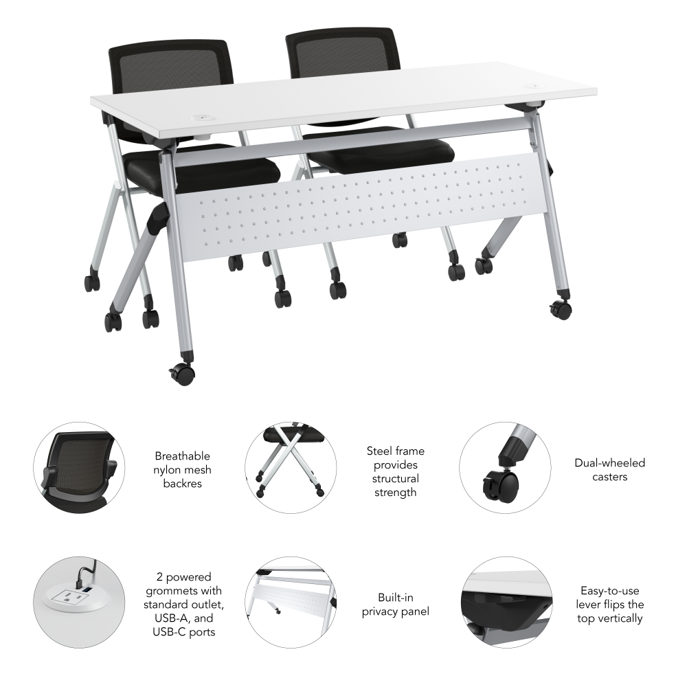 Shop Bush Business Furniture Envision 60W Folding Training Table with Powered Grommets and 2 Chairs, Image 06, NVS007WH, #color_white/cool gray metallic