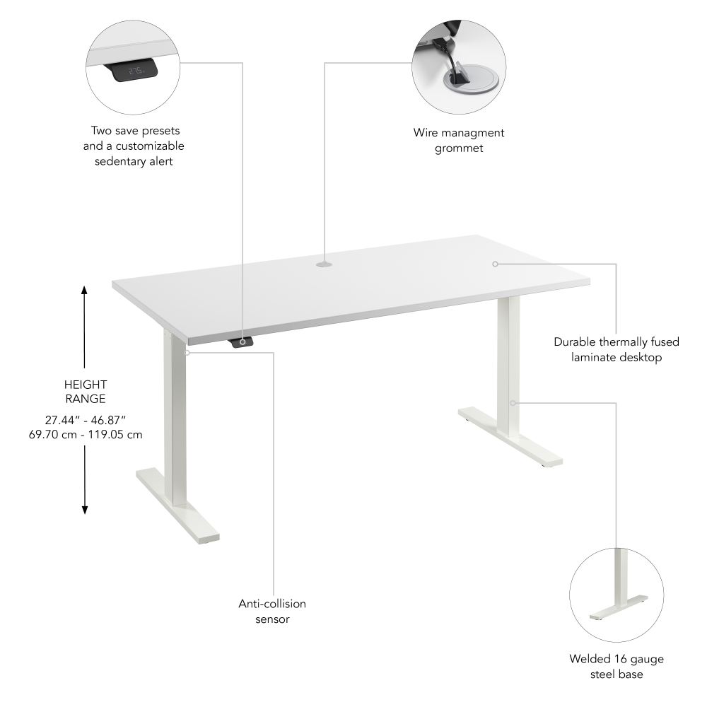 Shop Bush Business Furniture Move 60 Series 60W x 30D Electric Height Adjustable Standing Desk, Image 06, M6S6030WHWK, #color_white/white powder coat