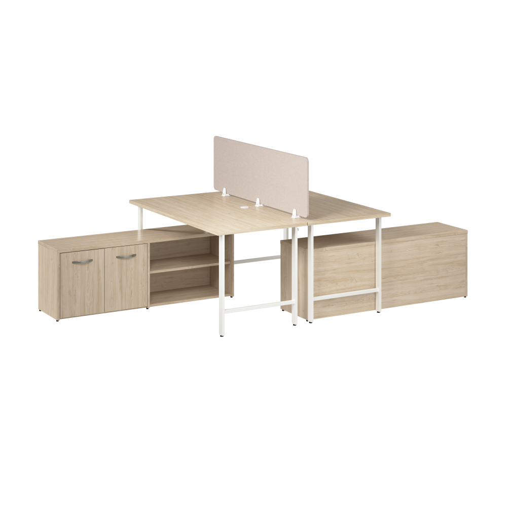 Shop Bush Business Furniture Hustle 2 Person Computer Desk with Low Storage Cabinets, Power Grommets, and Privacy Screen, Image 01, HUS015NE, #color_natural elm