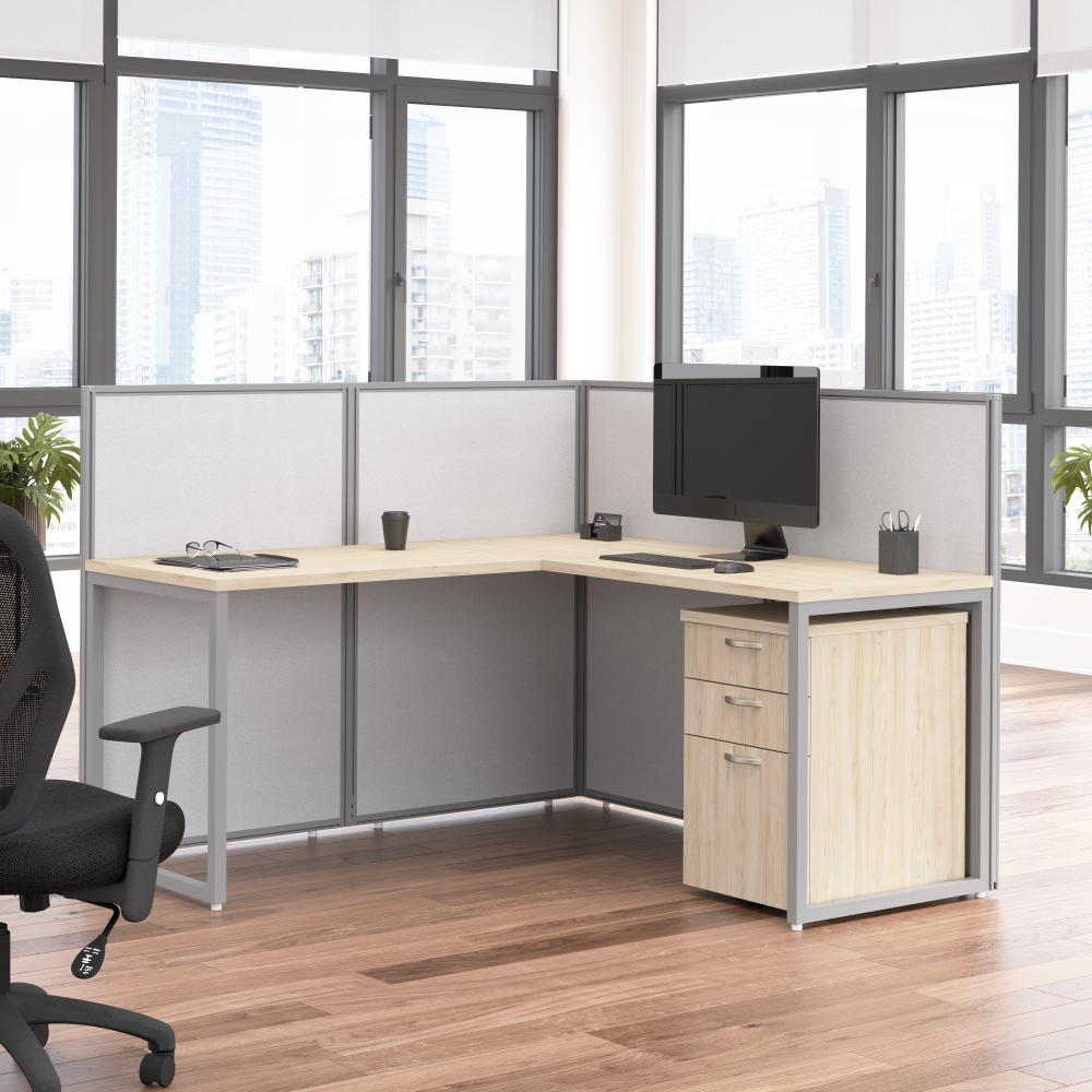 Shop Bush Business Furniture Easy Office 60-inch L Shaped Cubicle Desk with Drawers and Low Panels, Image 02, EOD360SNE-03K, #color_natural elm/silver gray fabric