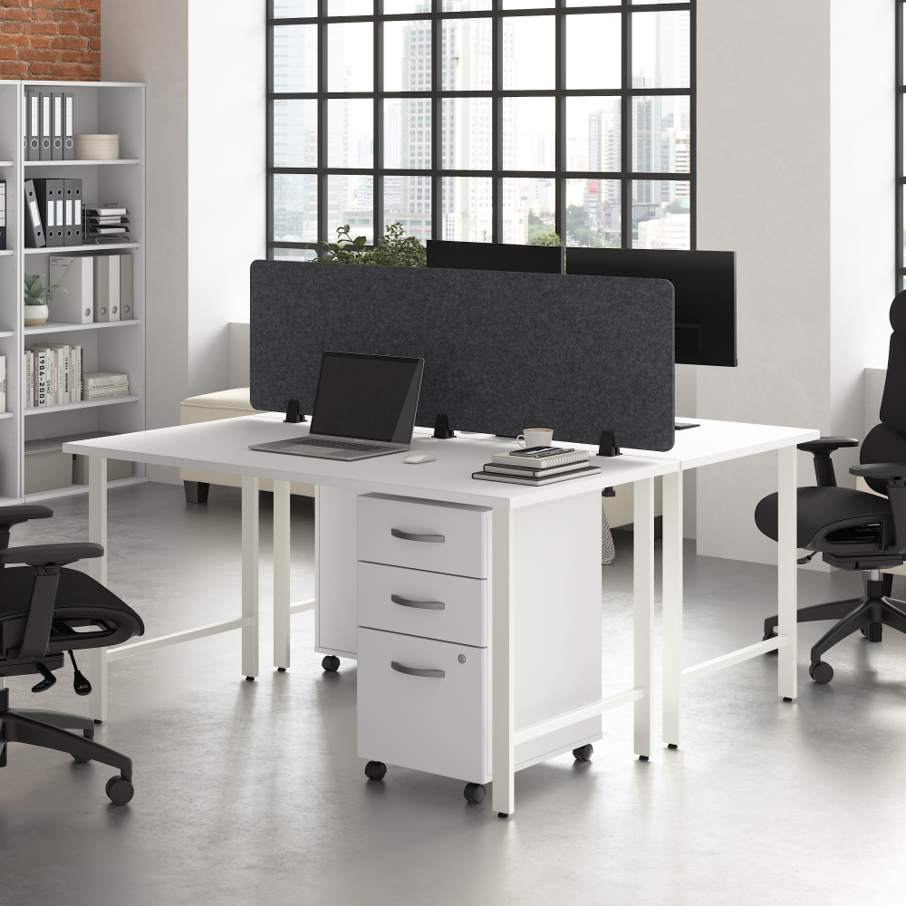 Shop Bush Business Furniture Hustle 2 Person Computer Desk with Mobile File Cabinets, Power Grommets, and Privacy Screen, Image 02, HUS014WHSU, #color_white