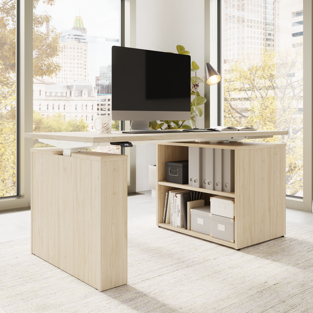 Shop Bush Business Furniture Stratus 60W x 30D Electric Height Adjustable Standing Desk with Bookcase, Image 03, SUT005NE, #color_natural elm
