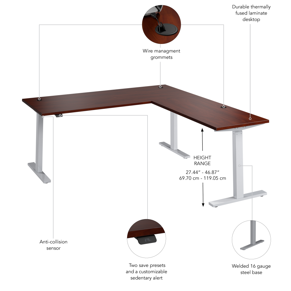 Shop Bush Business Furniture Move 60 Series 72W Height Adjustable L Shaped Standing Desk, Image 06, M6SL7278HCSK, #color_hansen cherry/cool gray metallic