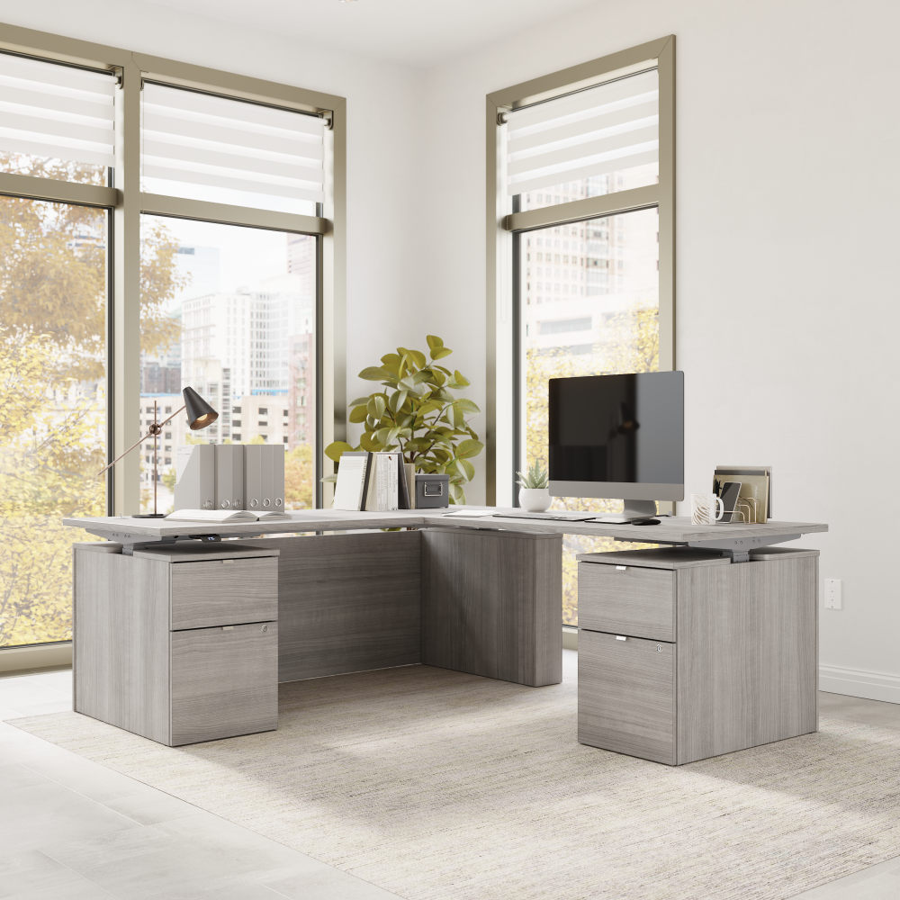 Shop Bush Business Furniture Stratus 72W x 78D Height Adjustable L Shaped Standing Desk with Drawers, Image 03, SUT018PG, #color_platinum gray