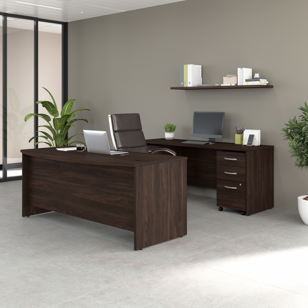 Shop Bush Business Furniture Studio C 72W x 36D Bow Front Desk and Credenza with Mobile File Cabinets, Image 02, STC009BWSU, #color_black walnut