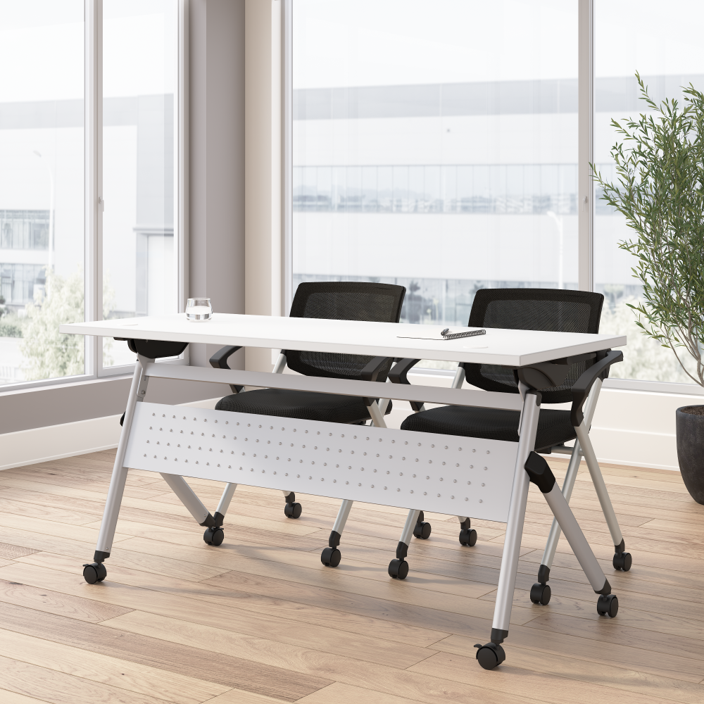 Shop Bush Business Furniture Envision 60W Folding Training Table and 2 Folding Chairs with Arms, Image 02, NVS001WH, #color_white/cool gray metallic