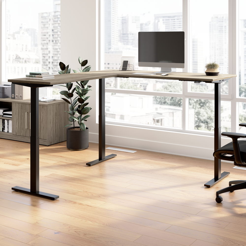 Shop Bush Business Furniture Move 60 Series 72W Height Adjustable L Shaped Standing Desk, Image 02, M6SL7278MHBK, #color_modern hickory/black powder coat