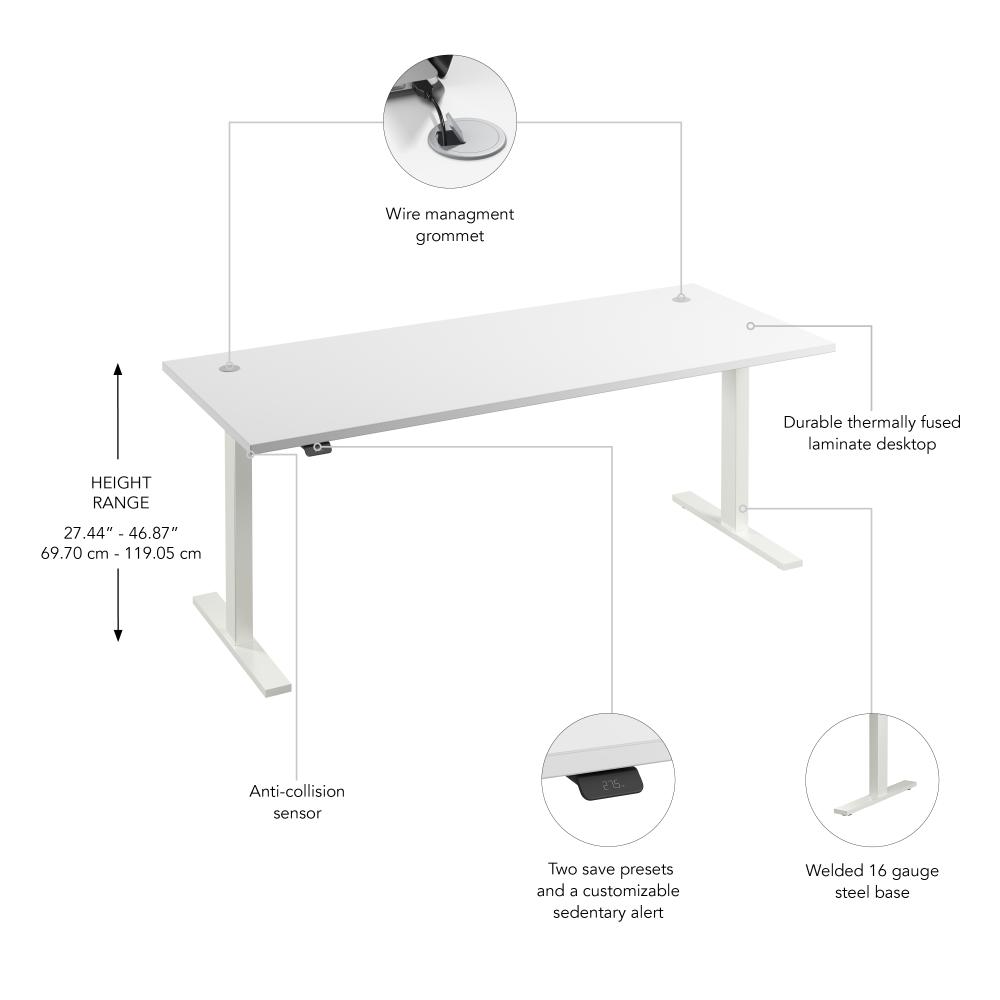 Shop Bush Business Furniture Move 60 Series 72W x 30D Electric Height Adjustable Standing Desk, Image 06, M6S7230WHWK, #color_white/white powder coat