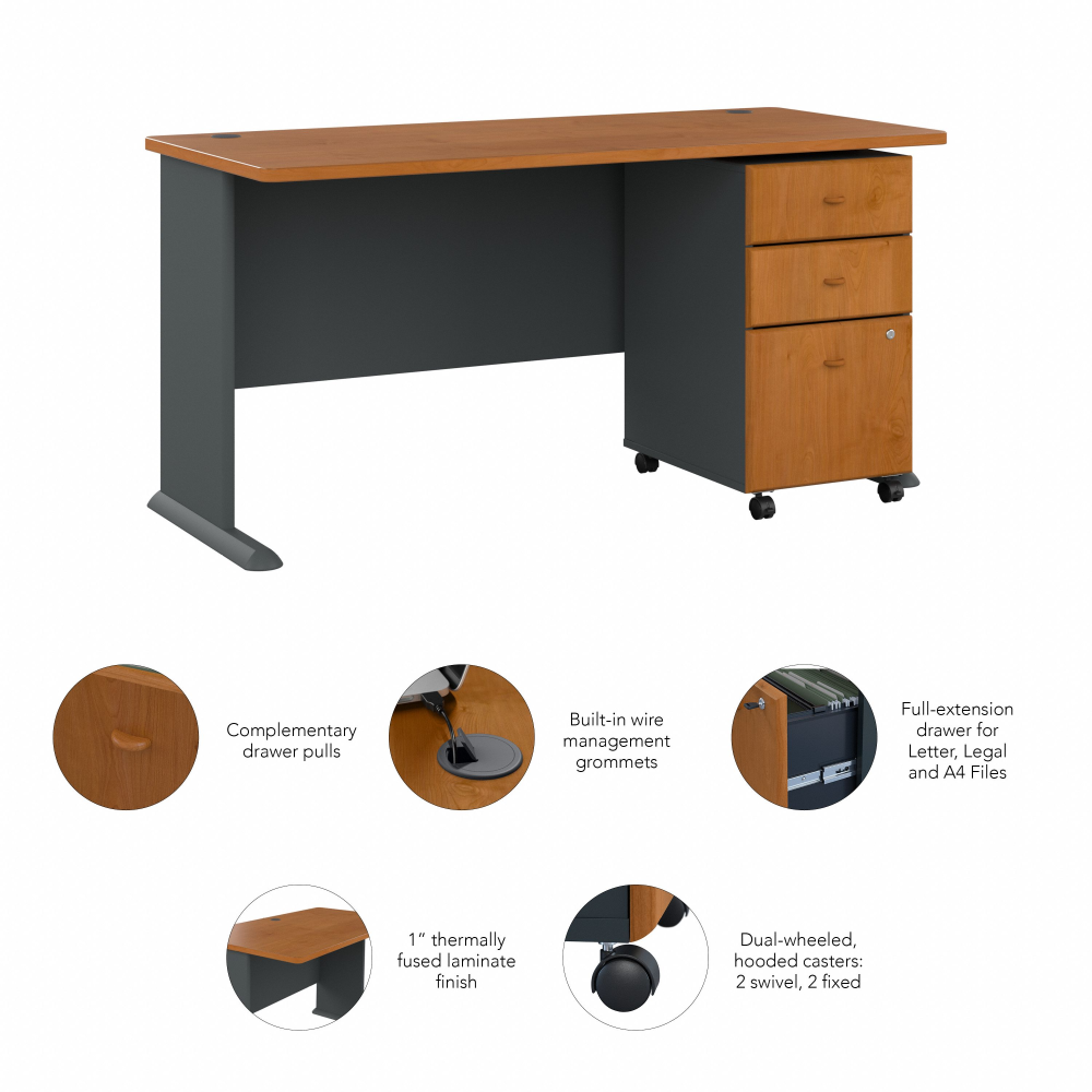 Shop Bush Business Furniture Series A 60W Desk with Mobile File Cabinet, Image 06, SRA003NCSU, #color_natural cherry/slate