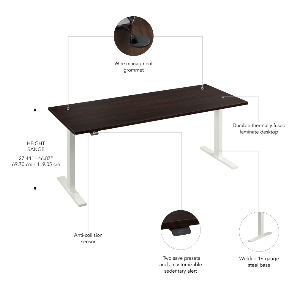 Shop Bush Business Furniture Move 60 Series 72W x 30D Electric Height Adjustable Standing Desk, Image 06, M6S7230BWWK, #color_black walnut/white powder coat