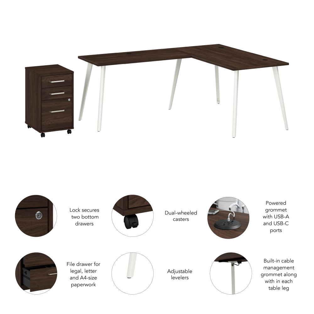 Shop Bush Business Furniture Vista 60W L Shaped Desk with Splayed Metal Legs and Mobile File Cabinet, Image 06, VST008BWSU, #color_black walnut