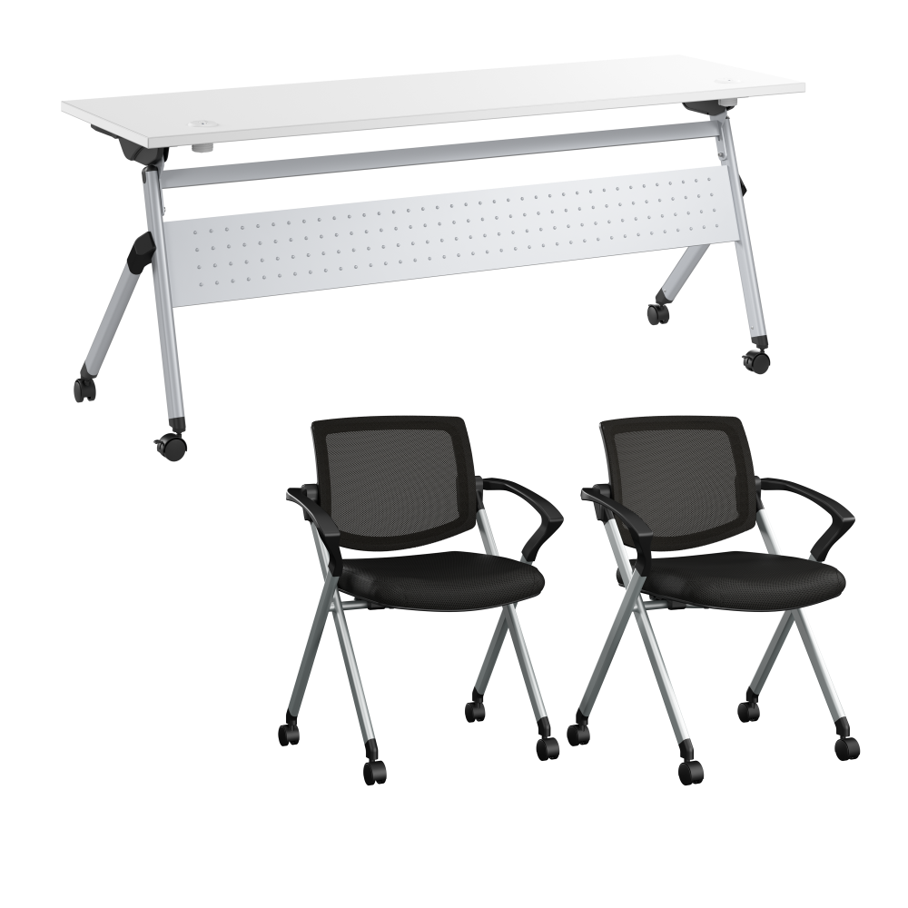 Shop Bush Business Furniture Envision 72W Training Table with Powered Grommets and 2 Chairs with Arms, Image 01, NVS006WH, #color_white/cool gray metallic