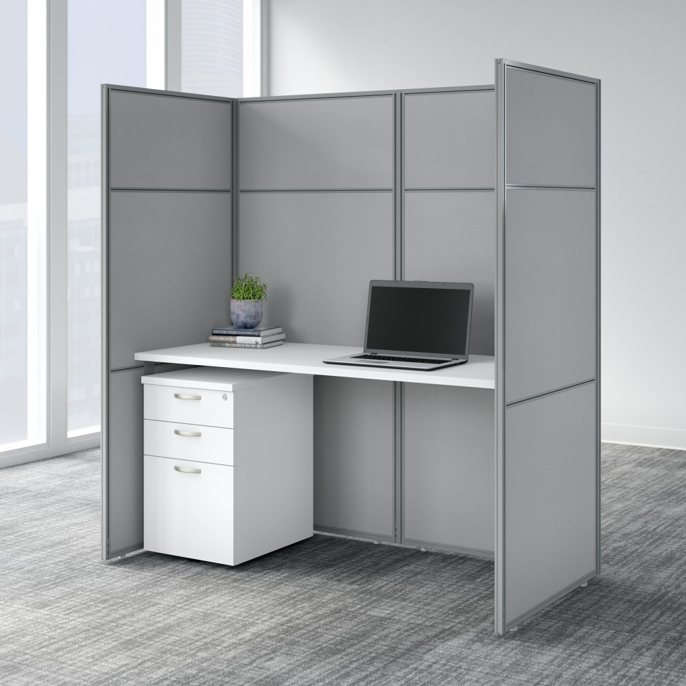 Shop Bush Business Furniture Easy Office 60W Cubicle Desk with File Cabinet and 66H Closed Panels Workstation, Image 02, EODH26SWH-03K, #color_pure white/silver gray fabric