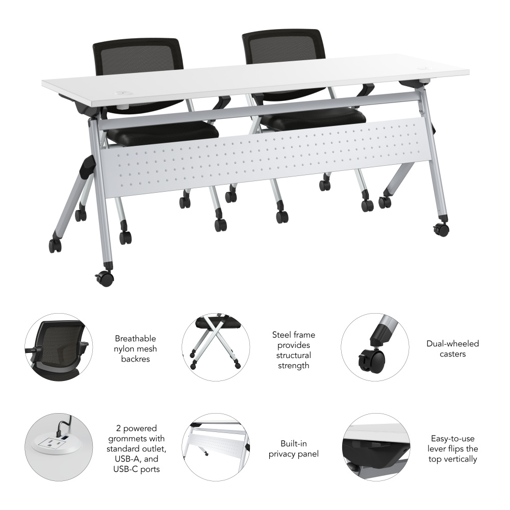 Shop Bush Business Furniture Envision 72W Training Table with Powered Grommets and 2 Chairs with Arms, Image 06, NVS006WH, #color_white/cool gray metallic