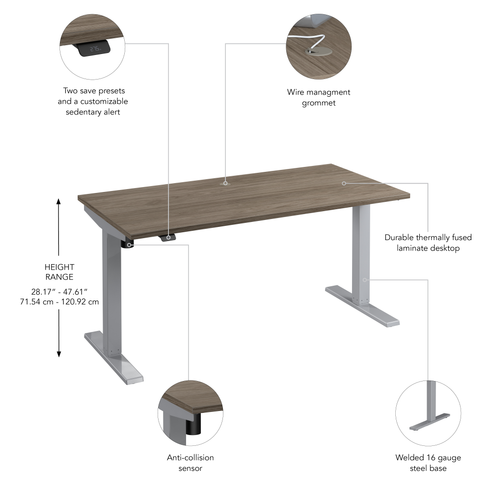 Shop Bush Business Furniture Move 40 Series 60W x 30D Electric Height Adjustable Standing Desk, Image 06, M4S6030MHSK, #color_modern hickory/cool gray metallic