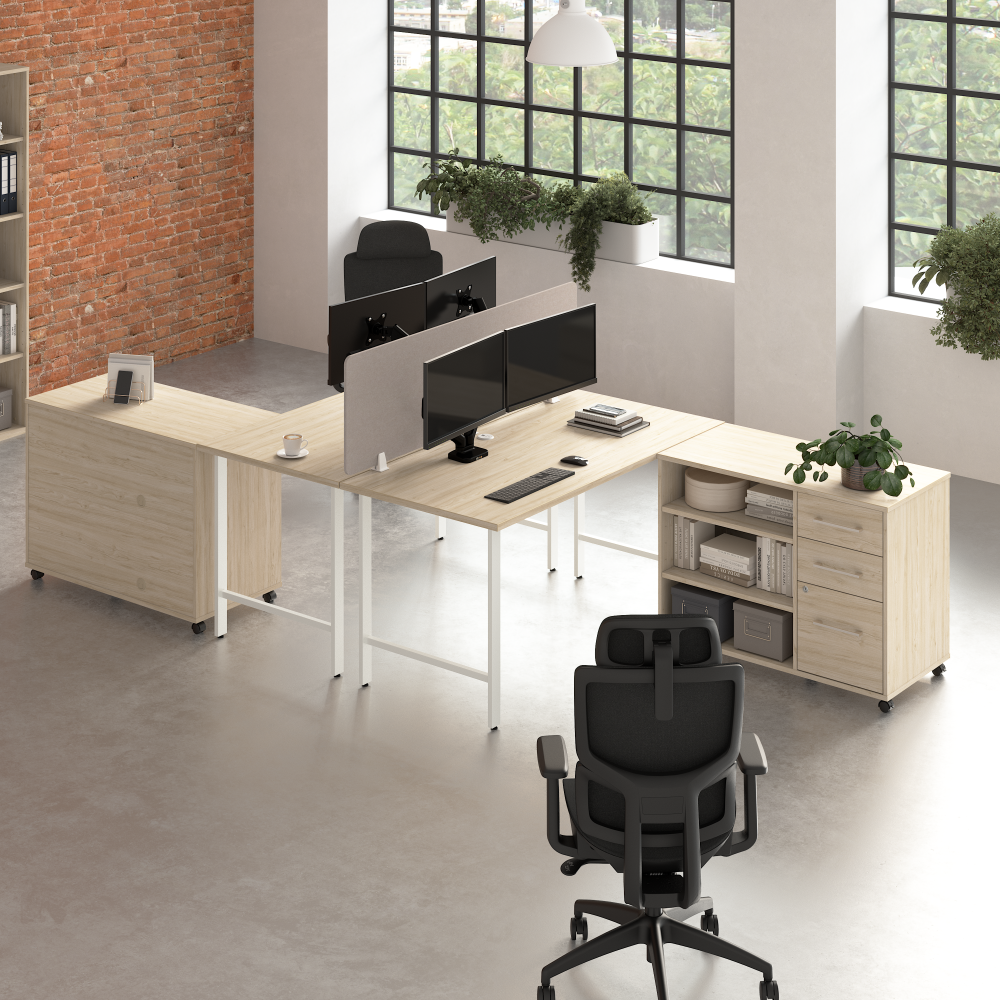 Shop Bush Business Furniture Hustle 2 Person Computer Desk with Mobile Storage Cabinets, Power Grommets, and Privacy Screen, Image 02, HUS016NE, #color_natural elm