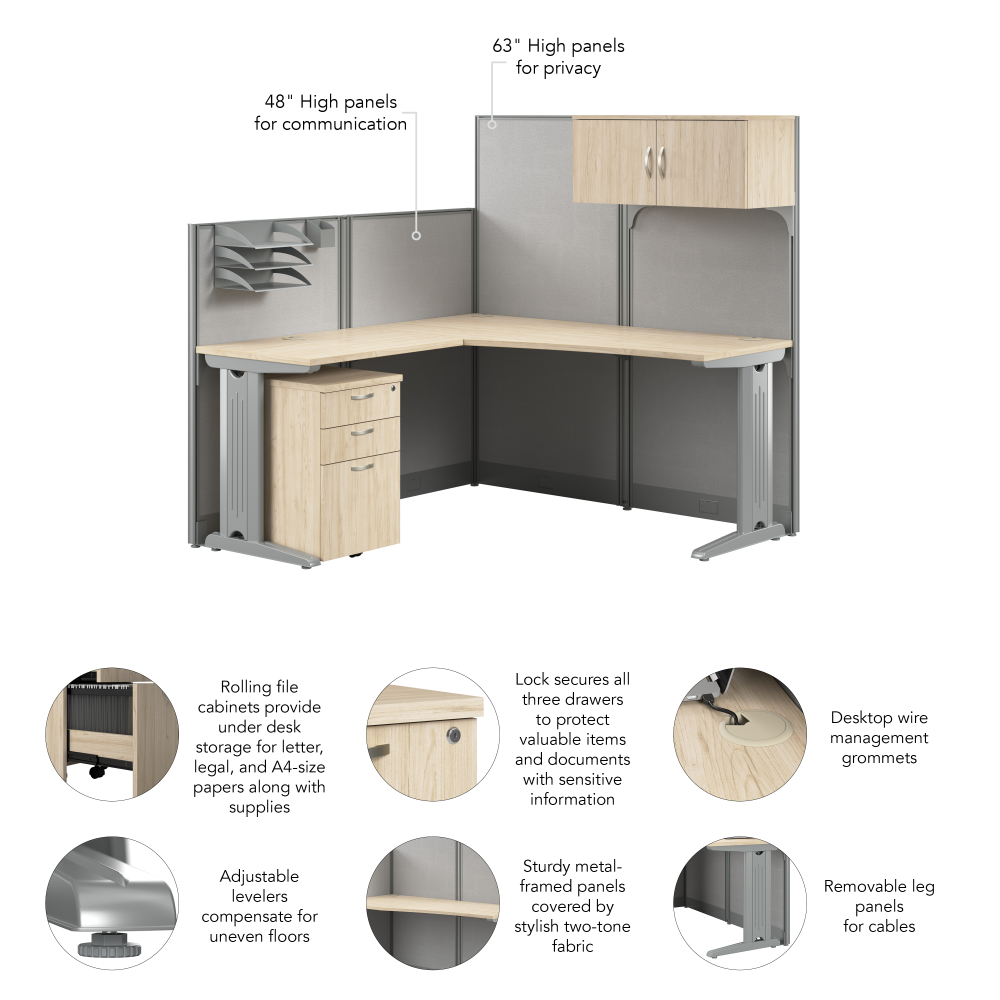 Shop Bush Business Furniture Office in an Hour 65-inch L Shaped Cubicle Desk with Storage, Drawers, and Organizers, Image 07, WC36594-03STGK, #color_natural elm