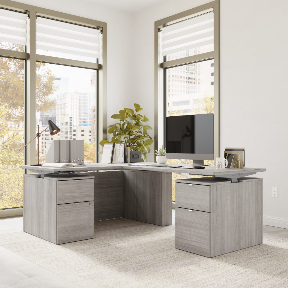 Shop Bush Business Furniture Stratus 60W x 78D Height Adjustable L Shaped Standing Desk with Drawers, Image 03, SUT017PG, #color_platinum gray