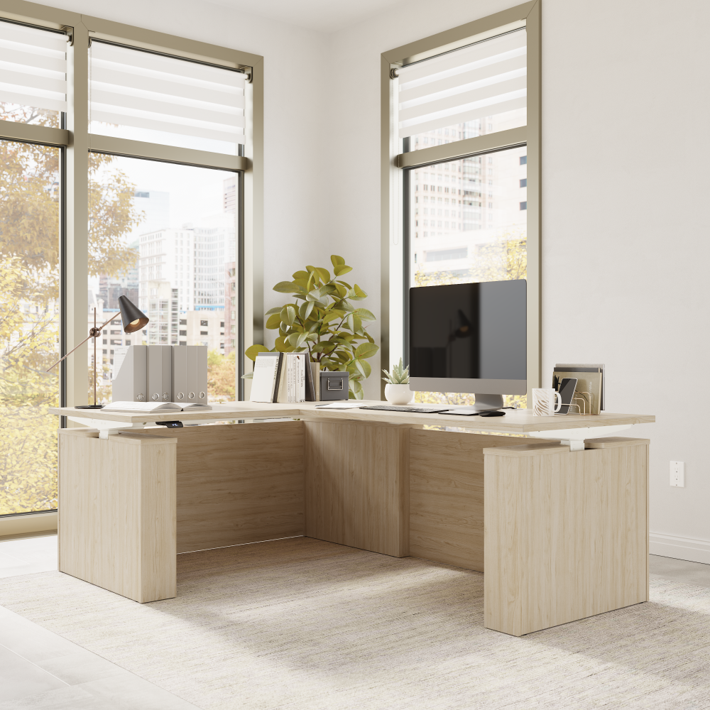 Shop Bush Business Furniture Stratus 60W x 78D Electric Height Adjustable L Shaped Standing Desk, Image 03, SUT013NE, #color_natural elm