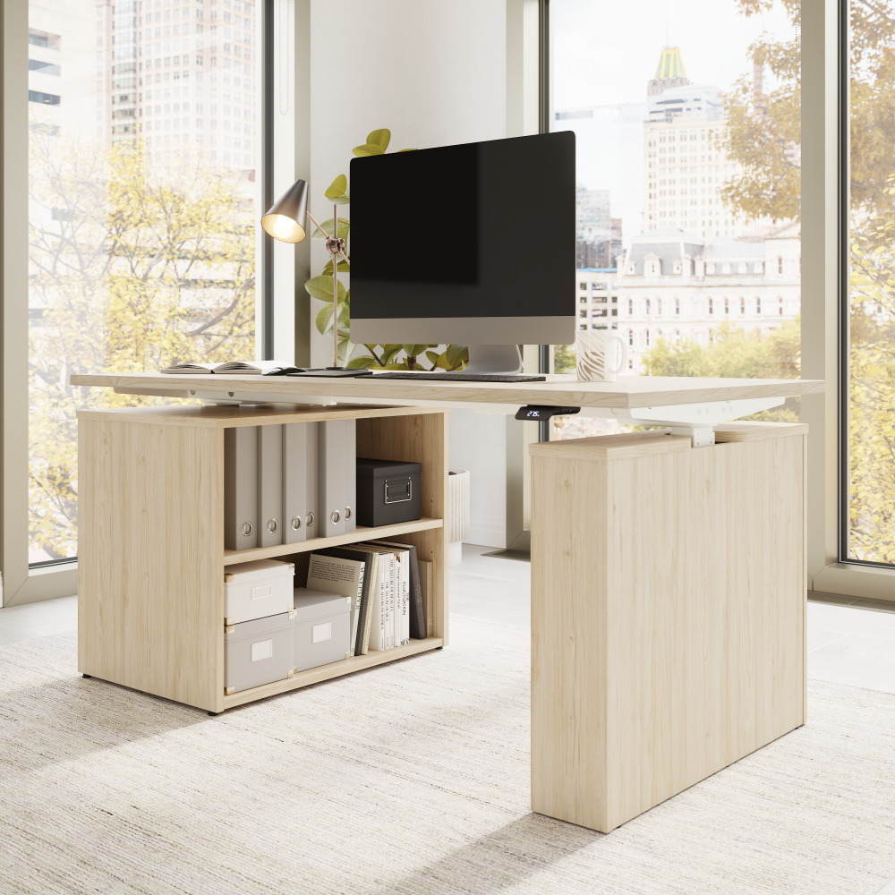 Shop Bush Business Furniture Stratus 60W x 30D Electric Height Adjustable Standing Desk with Bookcase, Image 04, SUT005NE, #color_natural elm