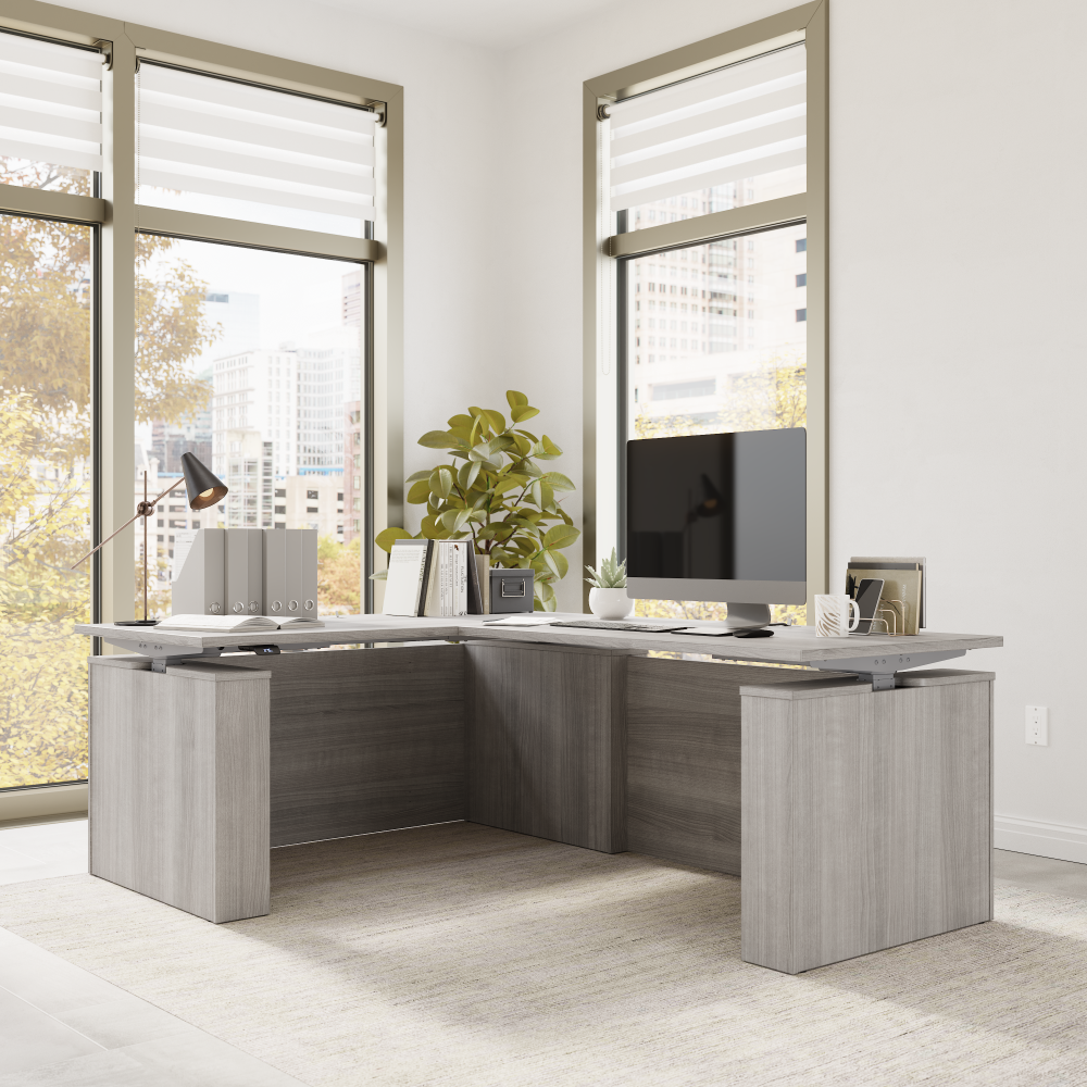 Shop Bush Business Furniture Stratus 60W x 78D Electric Height Adjustable L Shaped Standing Desk, Image 03, SUT013PG, #color_platinum gray