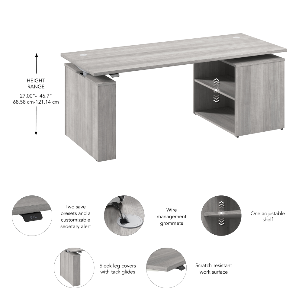 Shop Bush Business Furniture Stratus 72W x 30D Electric Height Adjustable Standing Desk with Bookcase, Image 07, SUT006PG, #color_platinum gray