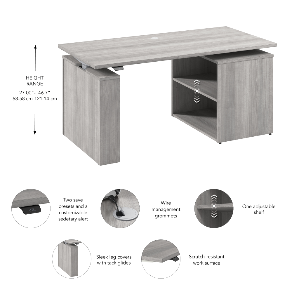 Shop Bush Business Furniture Stratus 60W x 30D Electric Height Adjustable Standing Desk with Bookcase, Image 07, SUT005PG, #color_platinum gray