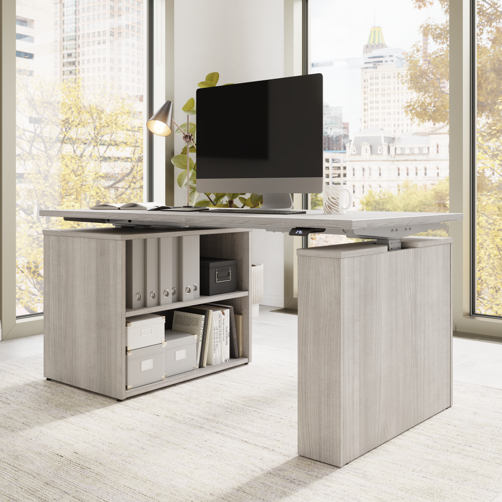 Shop Bush Business Furniture Stratus 60W x 30D Electric Height Adjustable Standing Desk with Bookcase, Image 04, SUT005PG, #color_platinum gray
