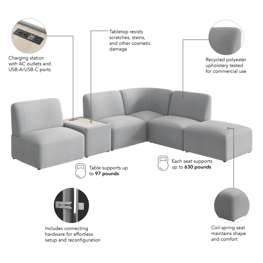 Shop Bush Business Furniture Assemble Modular 5 Seater L Shaped Sectional with Charging Station, Image 07, ASM005FGF, #color_fog fabric