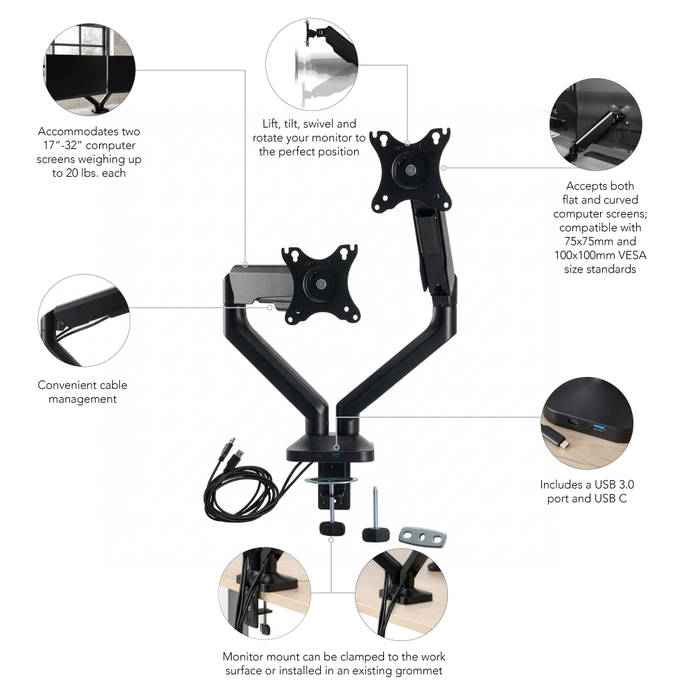 Shop Bush Business Furniture Adjustable Dual Monitor Arm with USB Port, Image 08, AC99891-03, #color_black paint