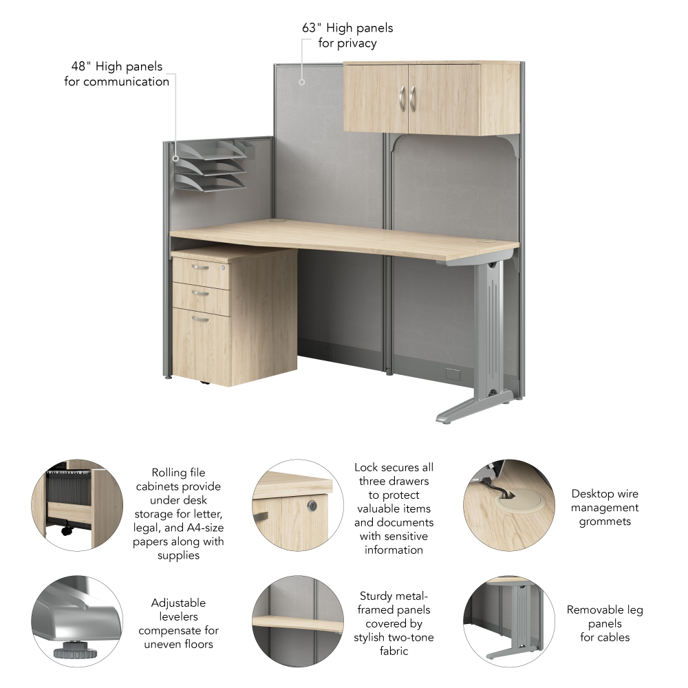 Shop Bush Business Furniture Office in an Hour 65-inch Straight Cubicle Desk with Storage, Drawers, and Organizers, Image 07, WC36592-03STGK, #color_natural elm
