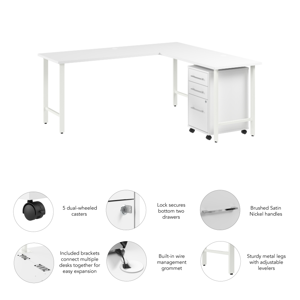 Shop Bush Business Furniture Hustle 72W x 24D L Shaped Computer Desk with 3 Drawer Mobile File Cabinet, Image 04, HUS005WH, #color_white