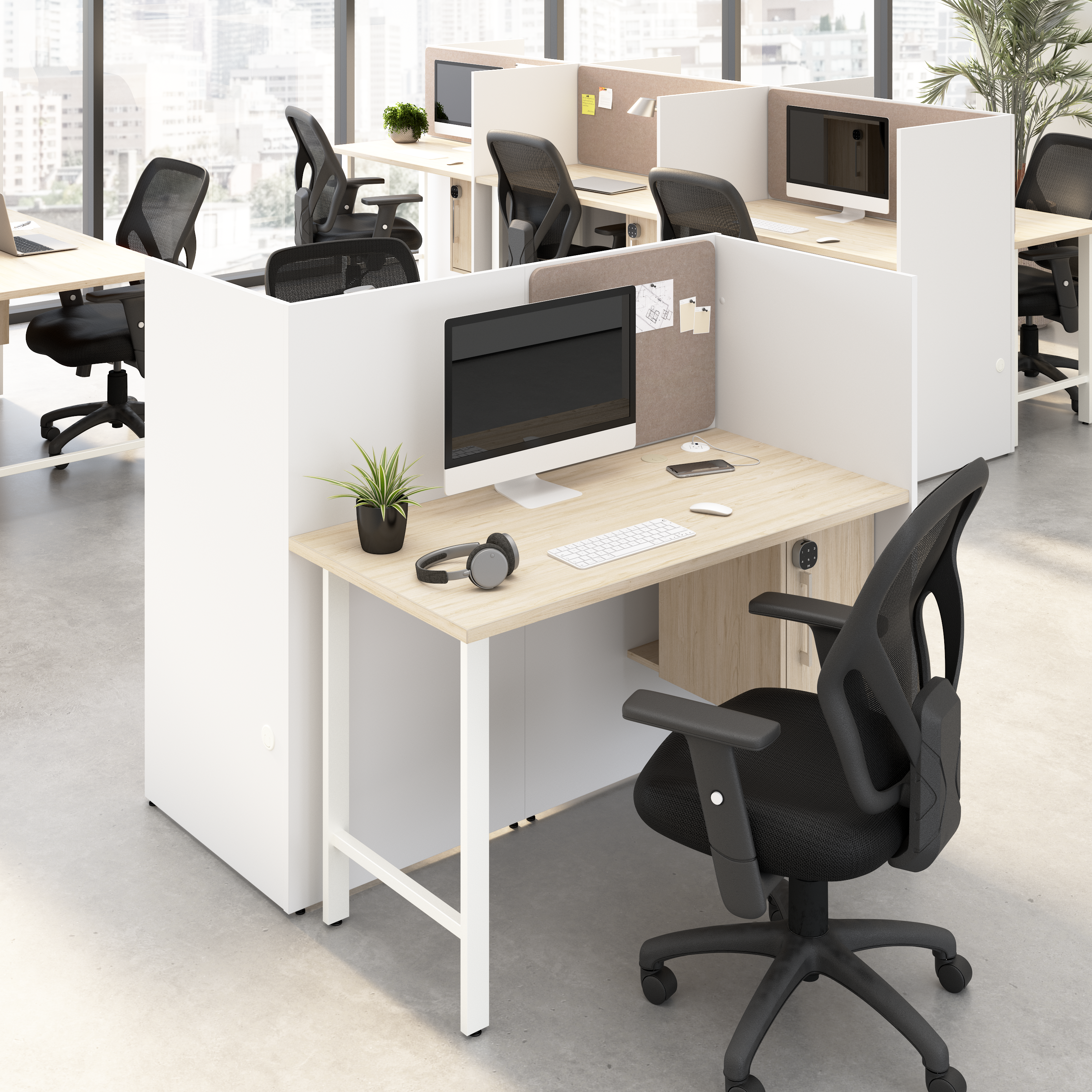 Shop Hustle 48-inch 2 Person Office Cubicles with Locking Storage Cabinet HUS031WHNE 2 #color_white/natural elm
