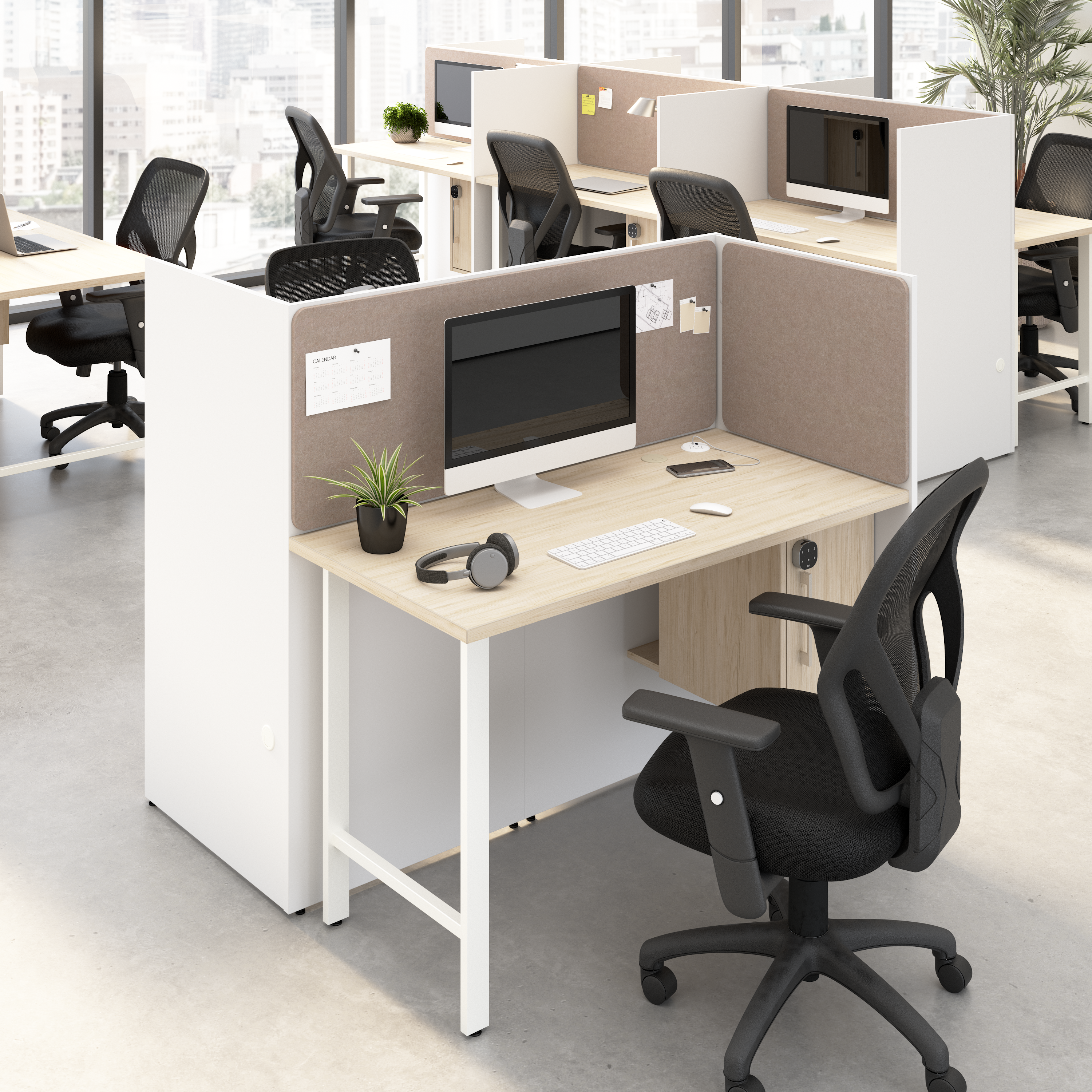 Shop Hustle 48-inch 2 Person Office Cubicles with Locking Storage and Large Tackboards HUS020WHNE 2 #color_white/natural elm