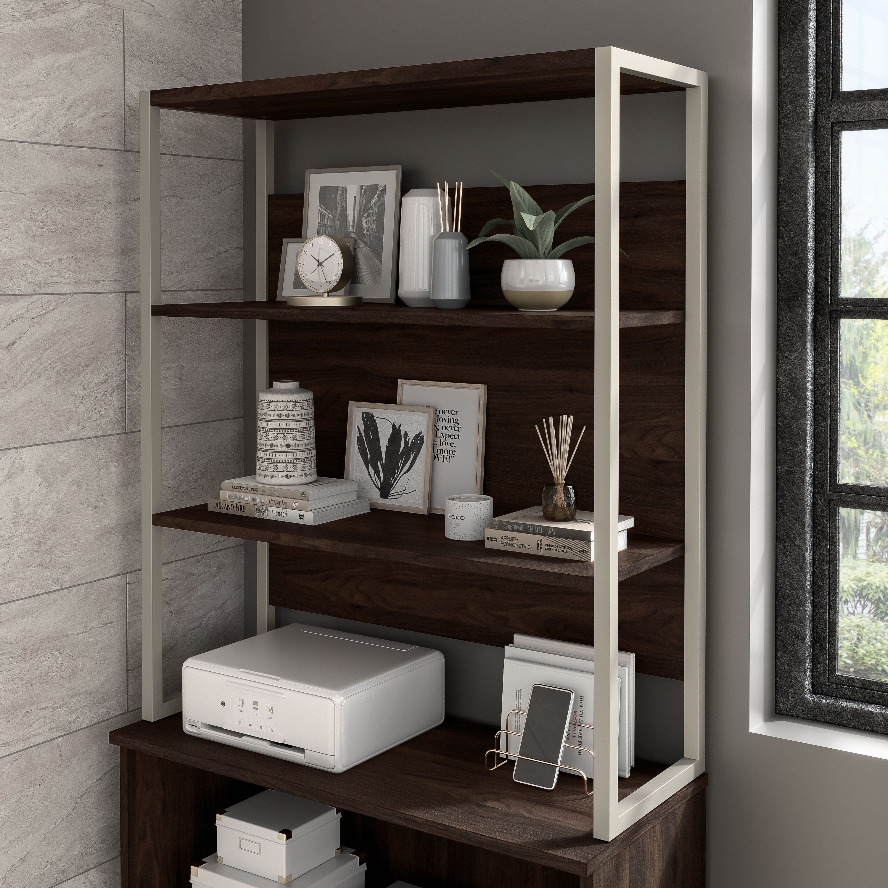 Shop Bush Business Furniture Hybrid Tall Etagere Bookcase 01 HYB023BW #color_black walnut