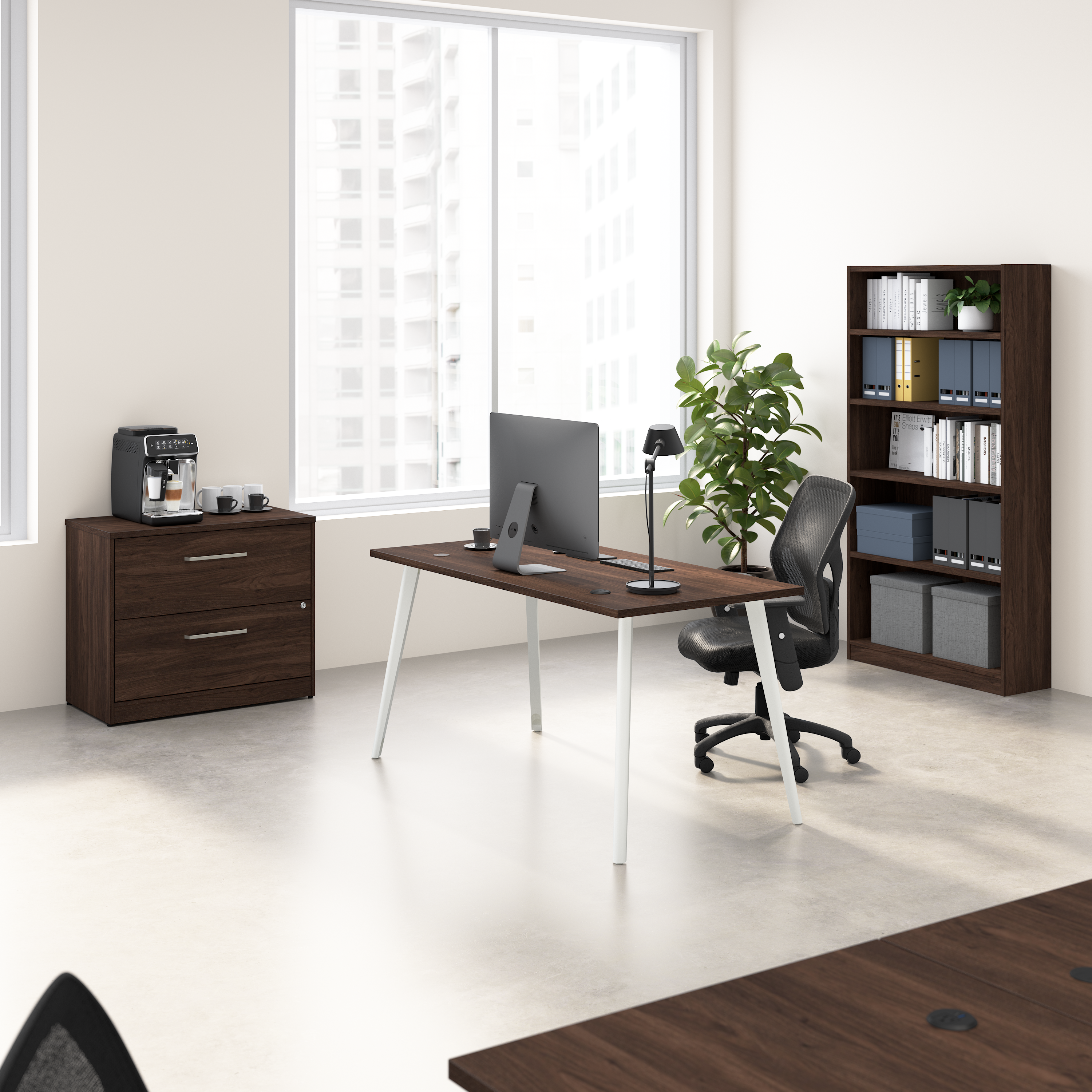Shop Bush Business Furniture Vista 60W Desk with Splayed Metal Legs, Lateral File Cabinet, and Bookcase 01 VST012BWSU #color_black walnut