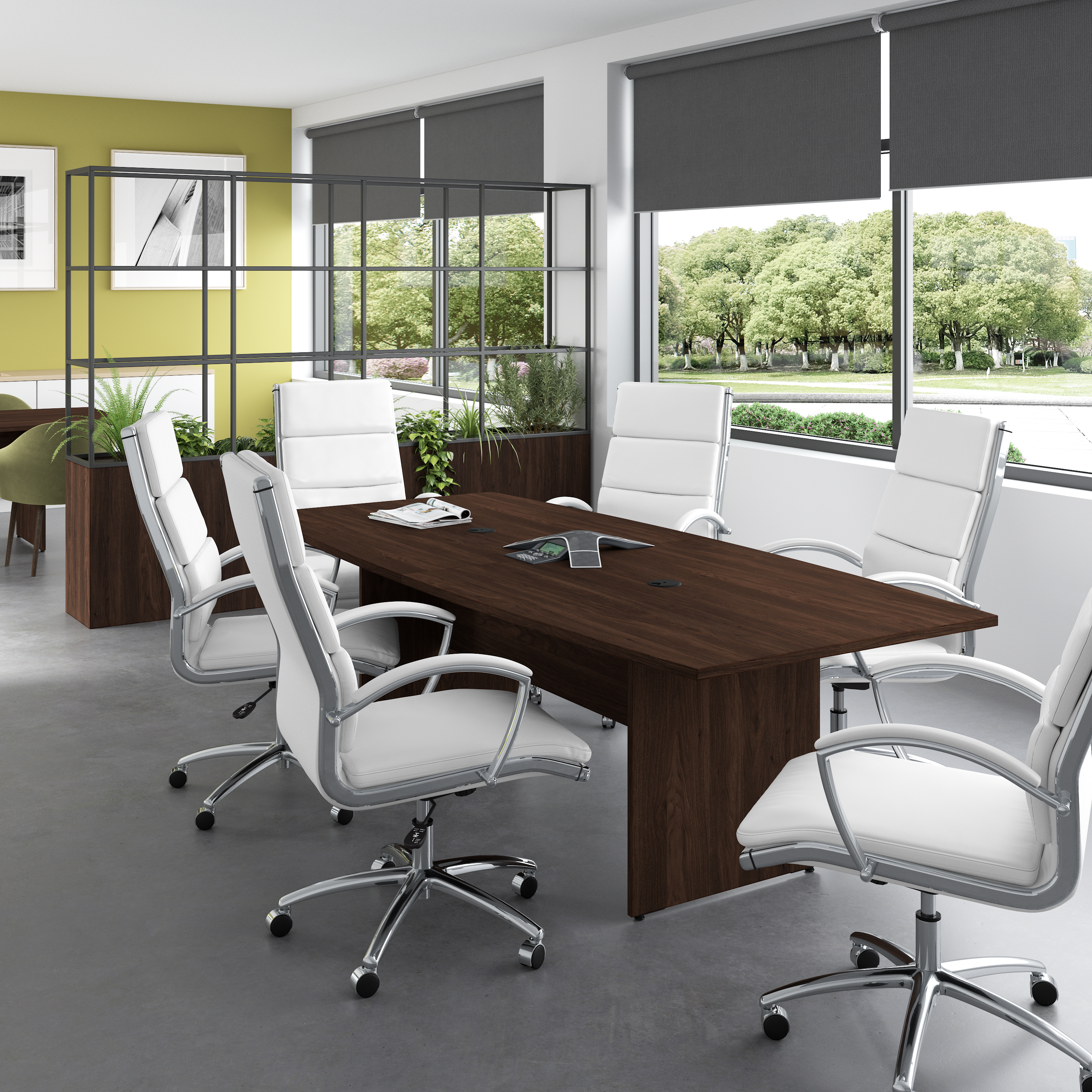 Shop Bush Business Furniture 96W x 42D Boat Shaped Conference Table with Wood Base 01 99TB9642BWK #color_black walnut