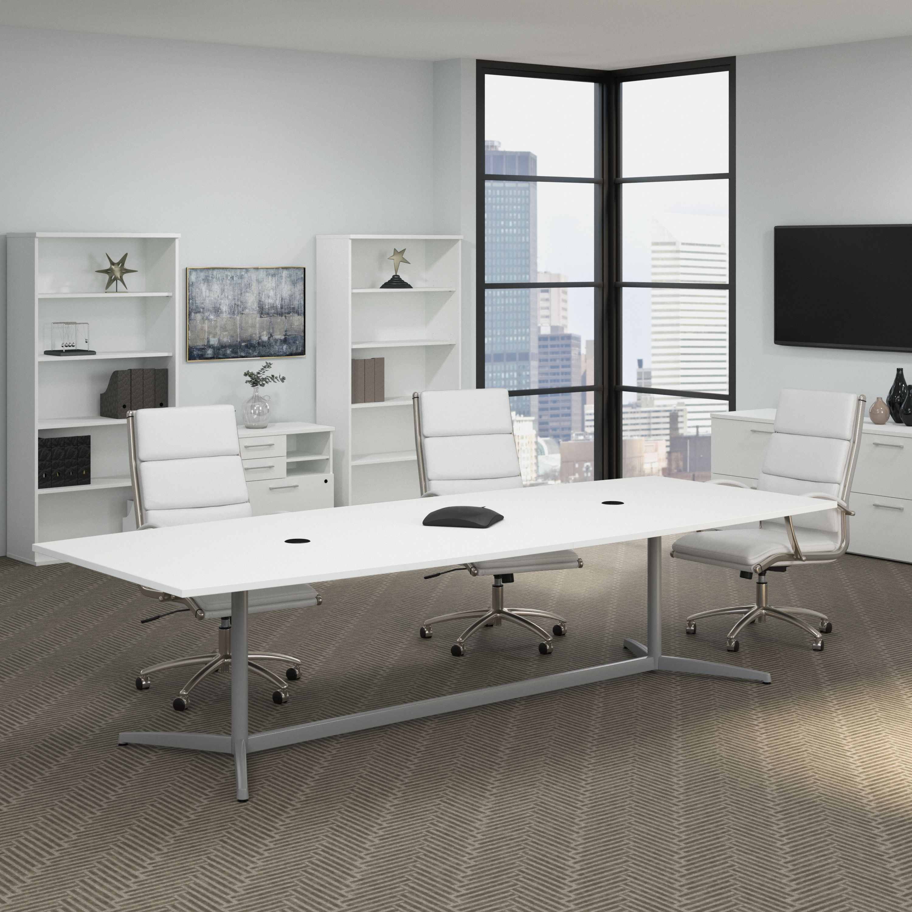Shop Bush Business Furniture 120W x 48D Boat Shaped Conference Table with Metal Base 01 99TBM120WHSVK #color_white