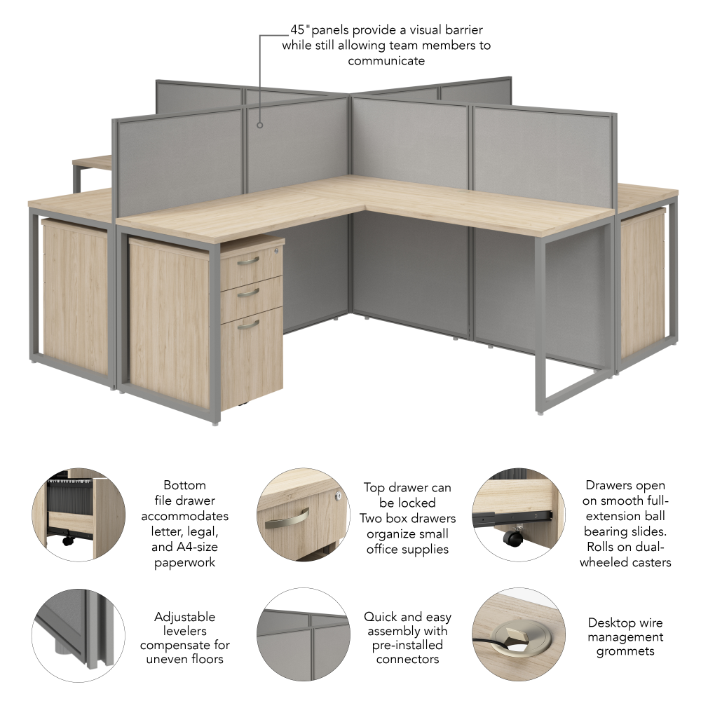 Shop Bush Business Furniture Easy Office 60-inch 4 Person L Shaped Cubicle Desk with Drawers and Low Panels, Image 07, EOD760SNE-03K, #color_natural elm/silver gray