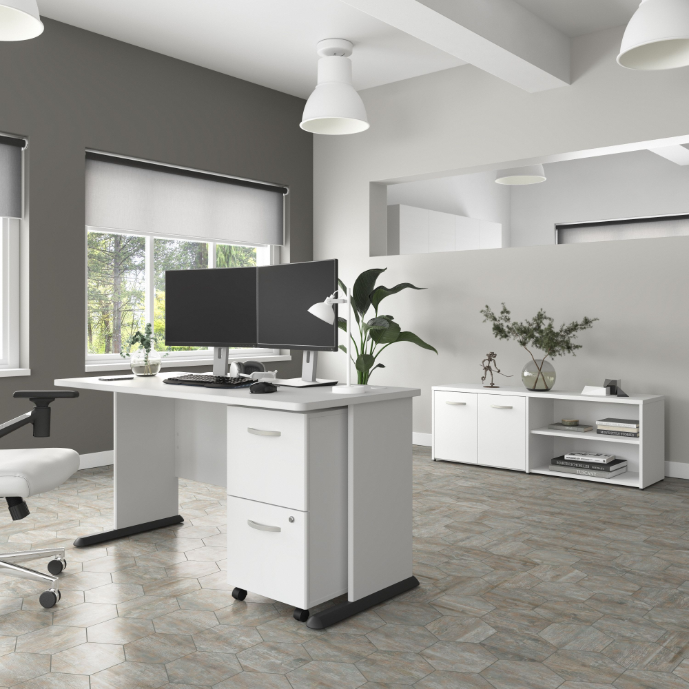 Shop Bush Business Furniture Studio A 60W Computer Desk with Mobile File Cabinet and Low Storage Cabinet, Image 02, STA006WHSU, #color_white